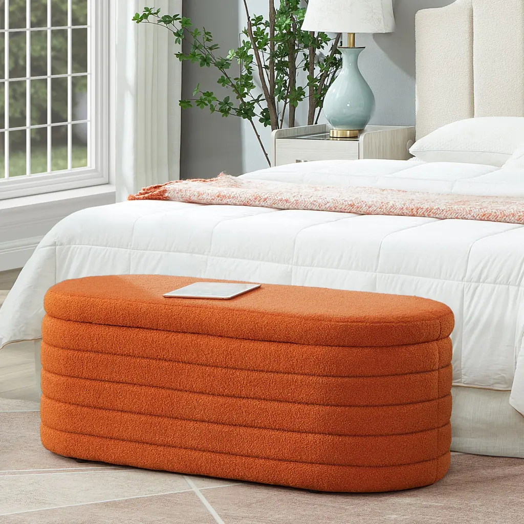 Modern Oval Storage Ottoman Bench Upholstered Boucle Teddy Fabric wm home furniture