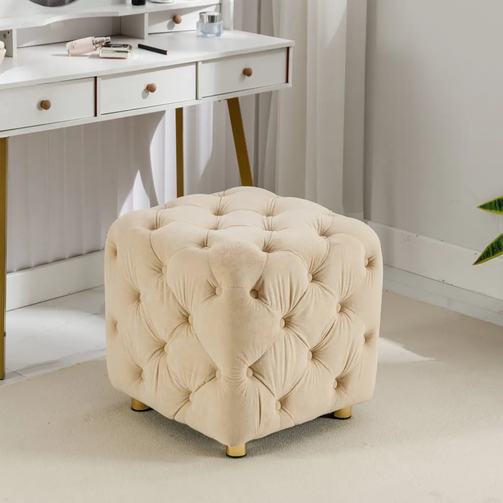 Beige Modern Velvet Upholstered Ottoman Exquisite Small End Table Sofa zen zone
