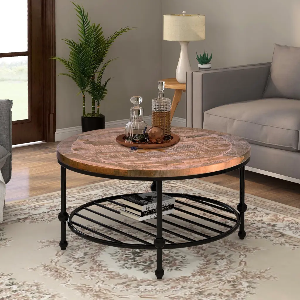 KOFUN Modern Round Metal Coffee Table 2-Tier Round Coffee Table Storage Shelf Outdoor Metal Coffee Table Solid Wood Tablet...