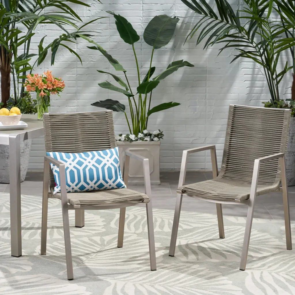 Outdoor Modern Aluminum Dining Chair Rope Seat Set 2 Silver nh-uhome