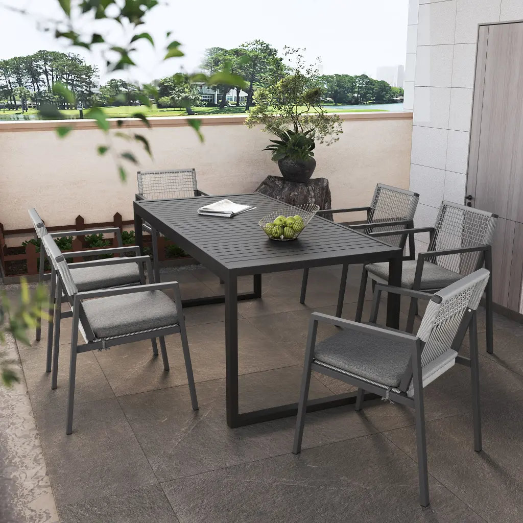 Outdoor Dining Set 6 Aluminum Chairs Gray Patio Table Garden Furniture nh-uhome