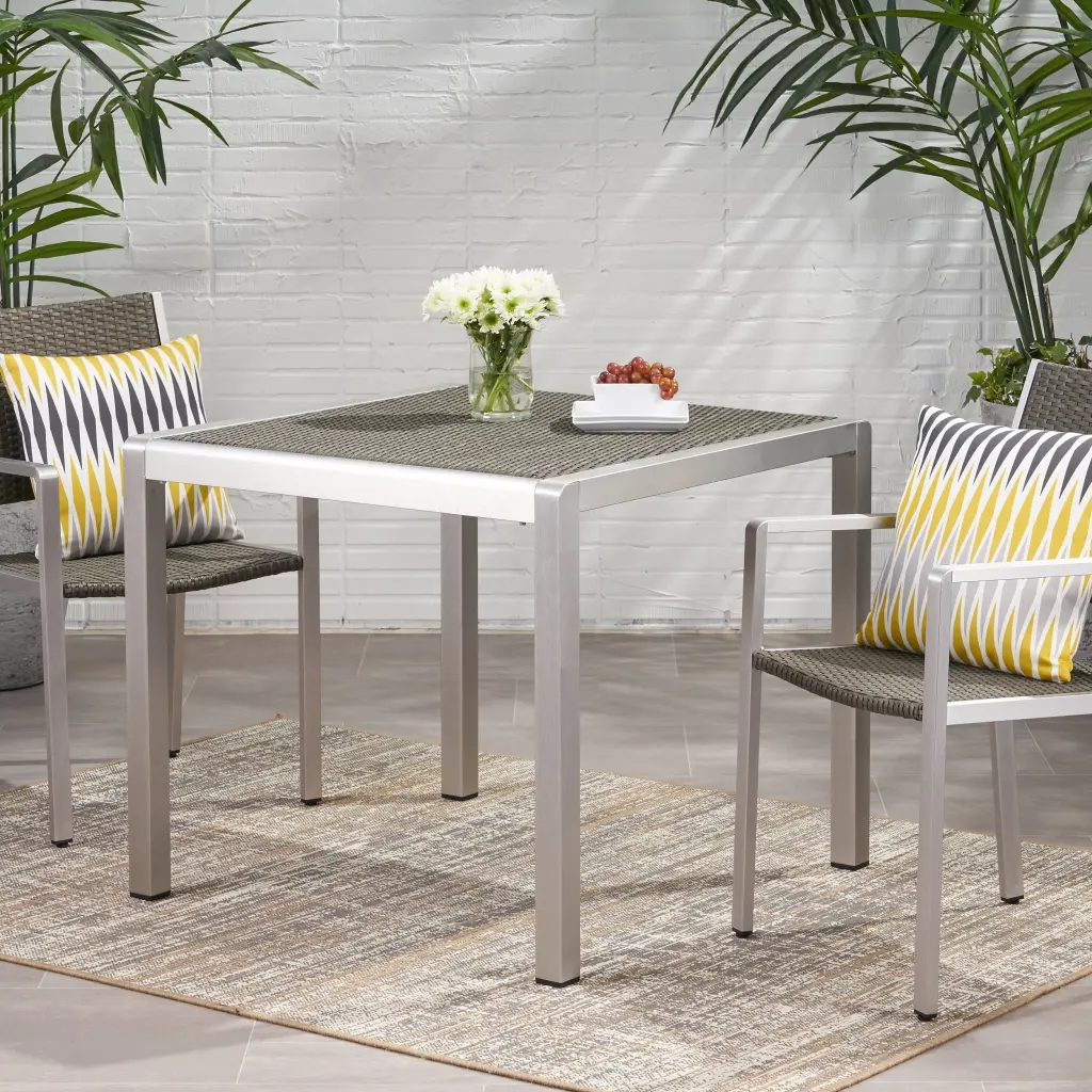 Outdoor Dining Table Anodized Light Metal Wicker Table Top Square Shiny Finish nh-uhome