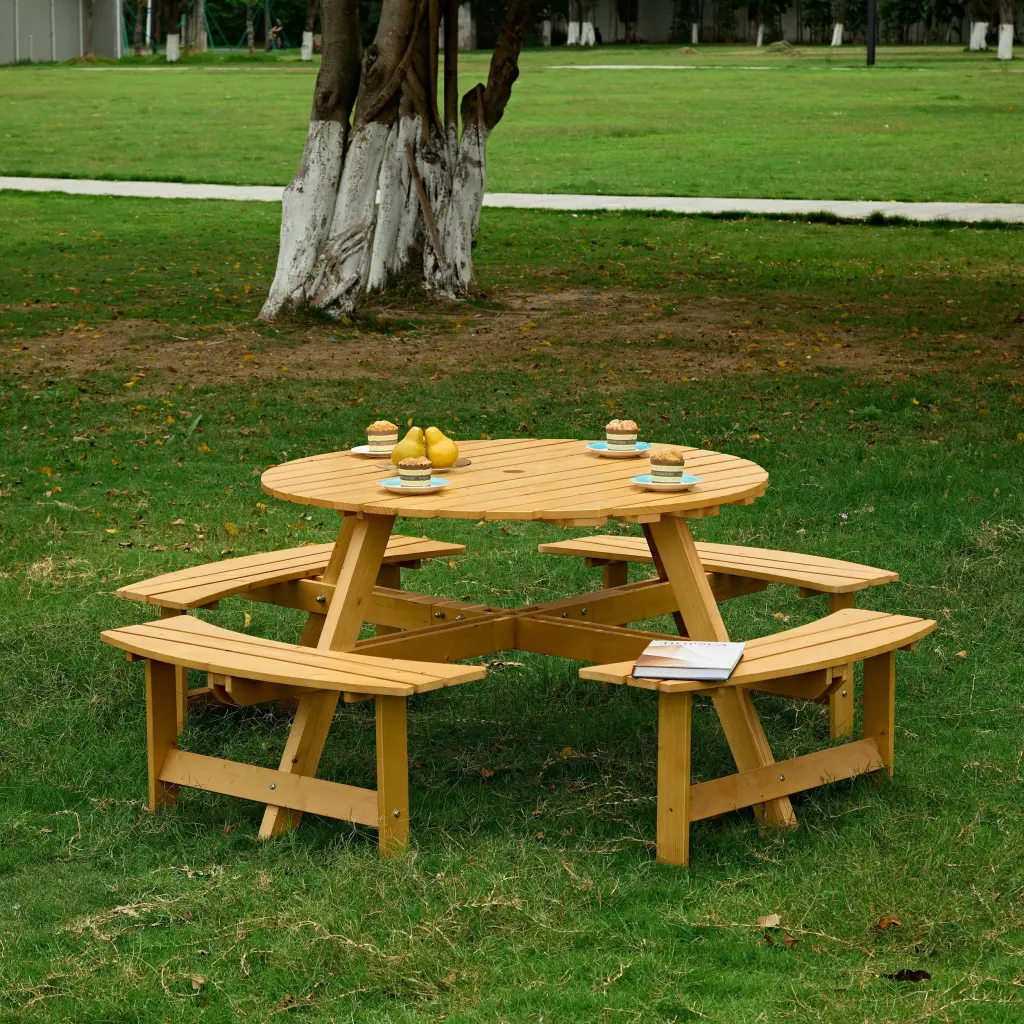 Outdoor 8 Person Round Picnic Table 4 Built- Benches - Durable Patio Furniture rnb