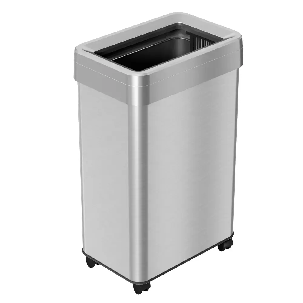61 Liter / 16 Gallon Rectangular Open Top Stainless Steel Kitchen Trash Can Wheels and Two-part AbsorbX Odor Filters
