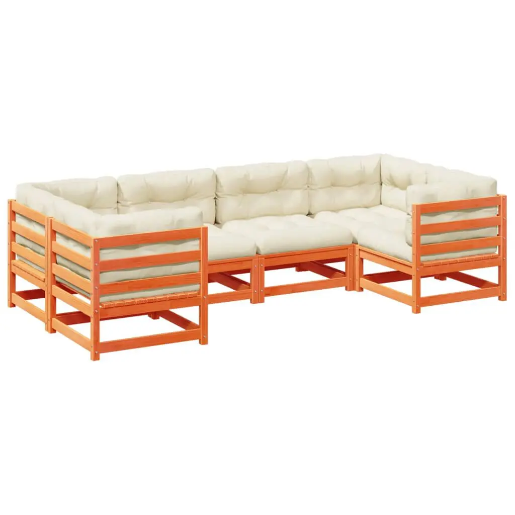 6 Piece Patio Sofa Set Cushions Wax Brown Solid Wood Pine Outdoor Furniture