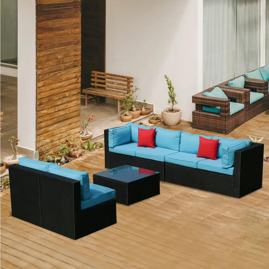 5 Pieces PE Rattan Sectional Outdoor Home Decor Cushioned U Sofa Set Table eelifee