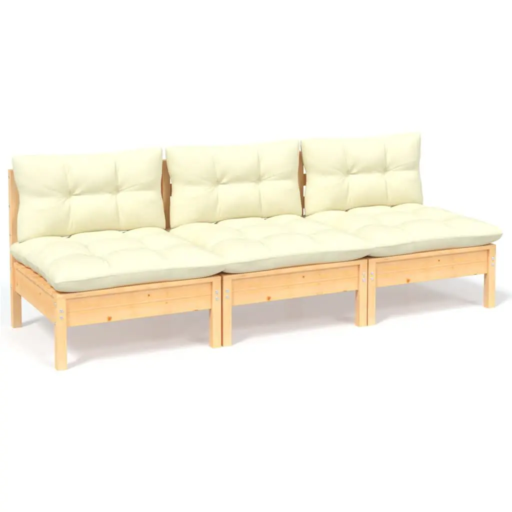 3-Seater Patio Sofa Cream Cushions Solid Pinewood Outdoor Furniture Set