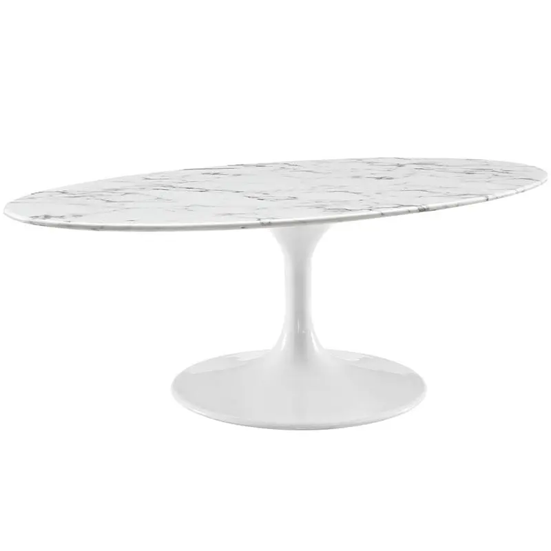 Pemberly Row Oval Faux Marble Top Coffee Table White Elegant Living Room Table