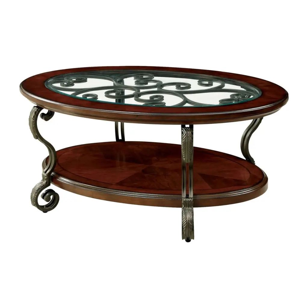 48 Inch Oval Coffee Table Glass Top Scrolled Metal Legs Cherry Brown Saltoro Sherpi