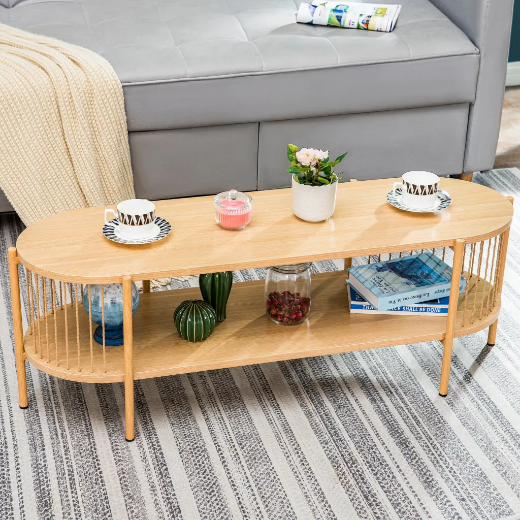 SW Double-Layer Oval Coffee Table Storage Shelf Mid Century Modern Style Living Room or Bedroom S&W