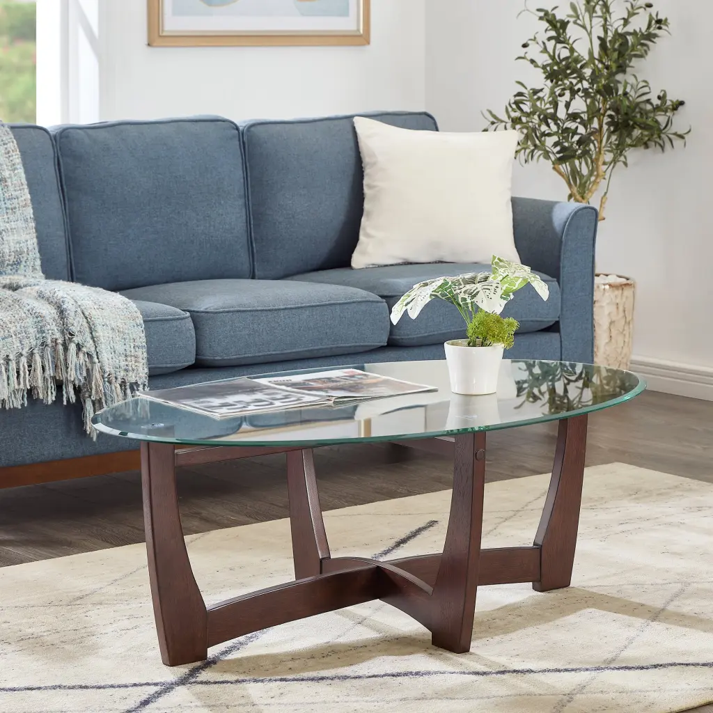 48 Inch Oval Crystal Coffee Table Cherry Finish Round Center Table Living Room chuangyuan wood industry