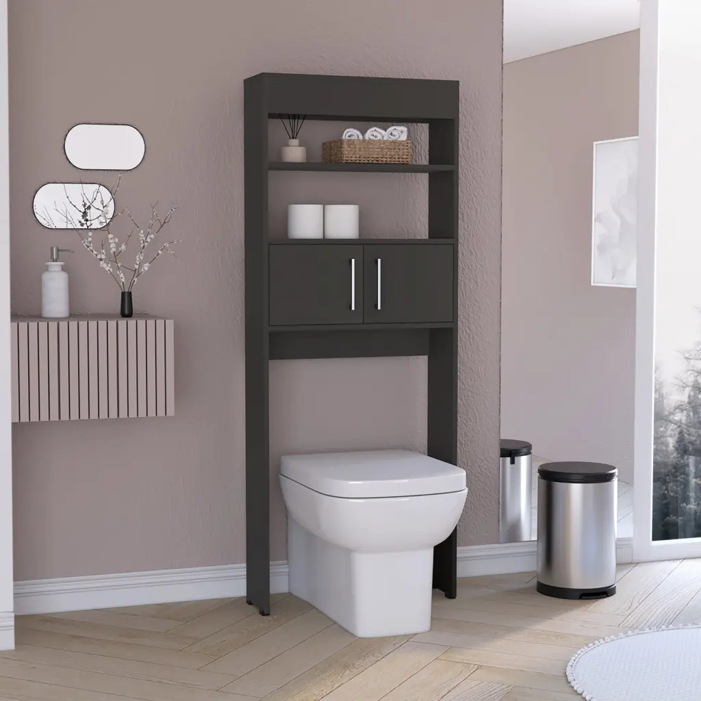 Over Toilet Cabinet Jozz Double Door Two Shelves Black Wengue Bathroom Storage treevol furniture