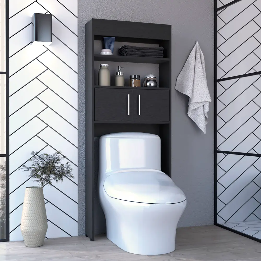63H" Over Toilet Cabinet Two Shelves Double Door Black Particle Board depot e-shop