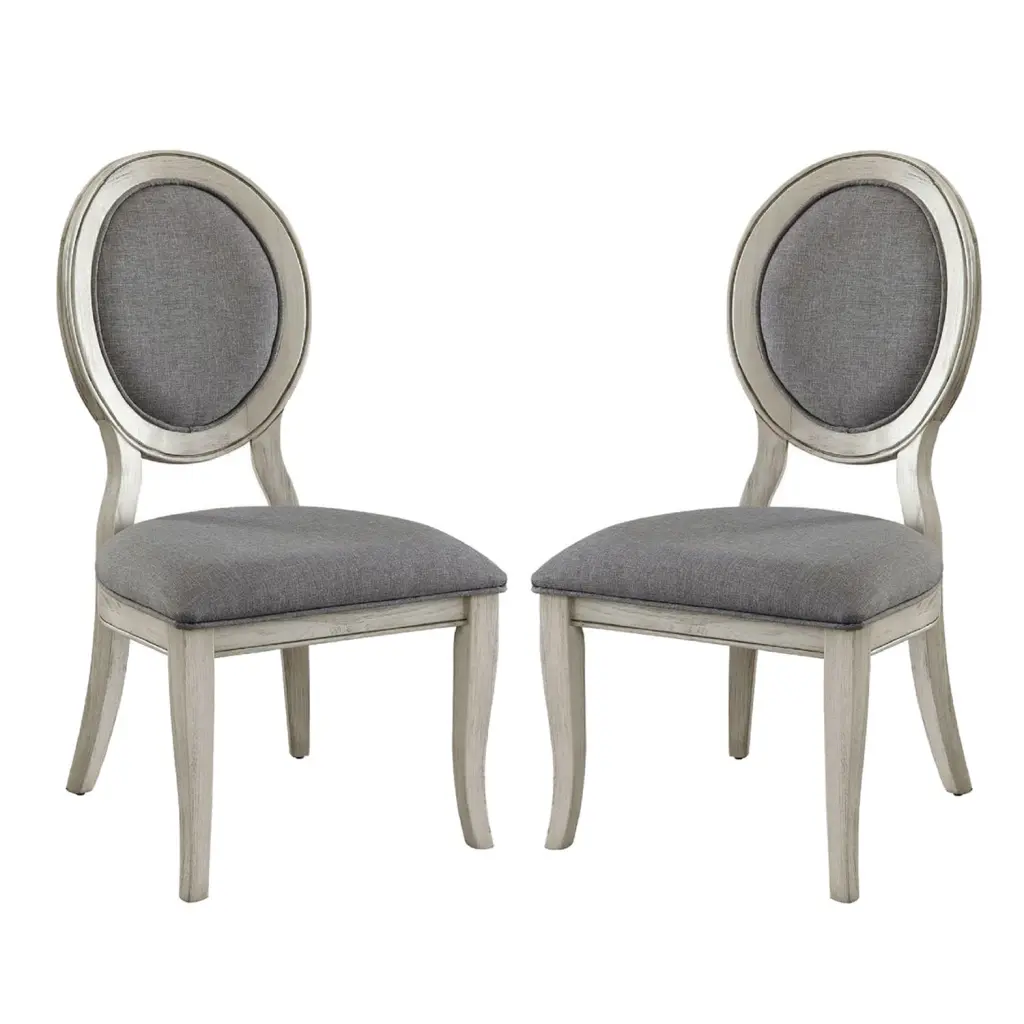 Set 2 Padded Gray Fabric Dining Chairs Antique White Finish Solid Wood simple relax