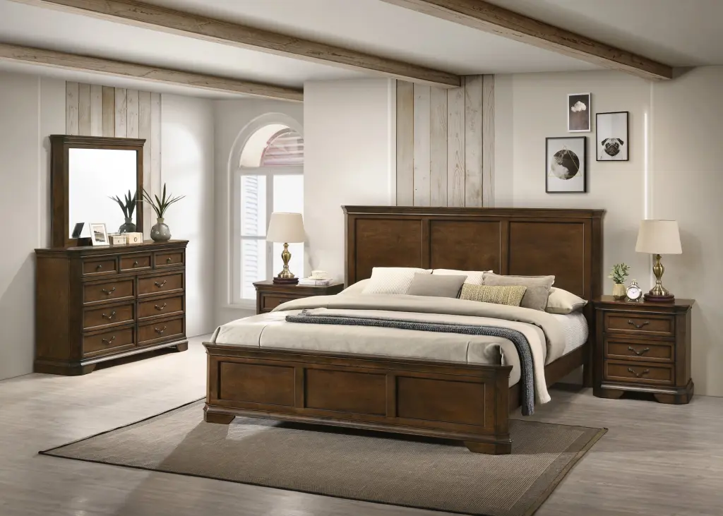 Maderne Traditional Wood Panel Bed Gown, Mirror, and Two Nightstands hz