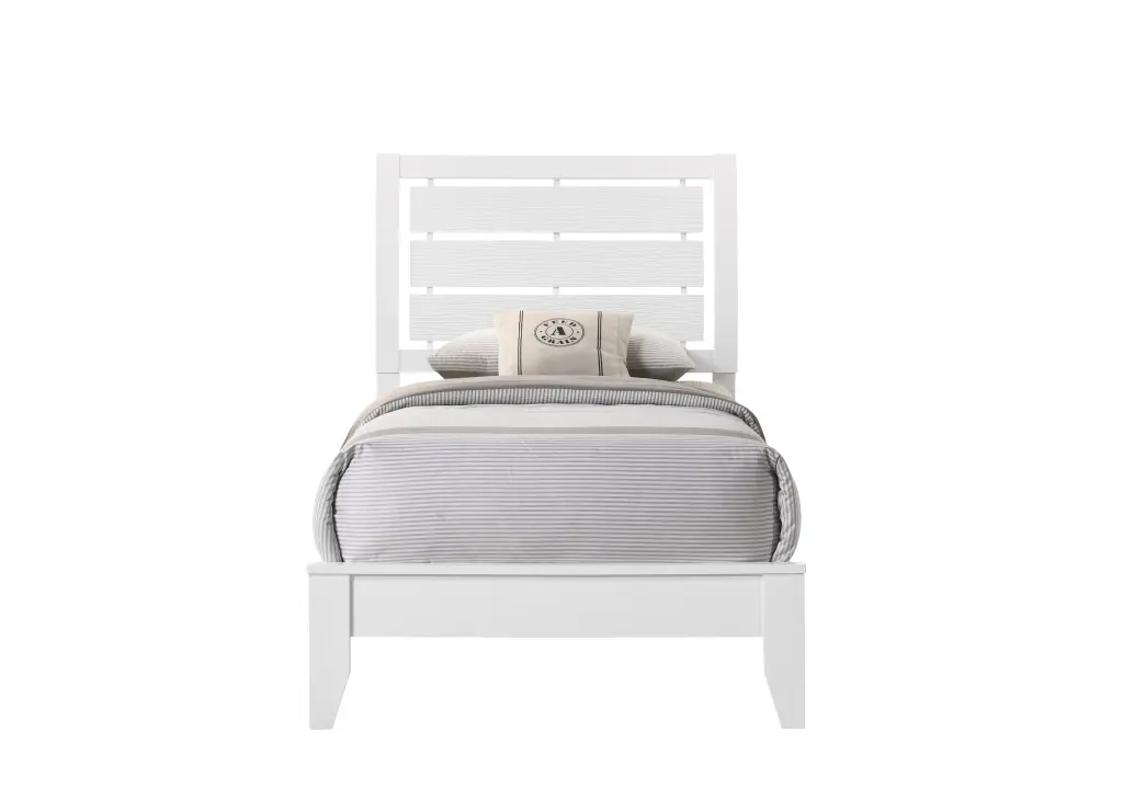 1Pc Twin Dimensions White Finish Panel Bed Geometric Design Frame Softly Curved kanepe