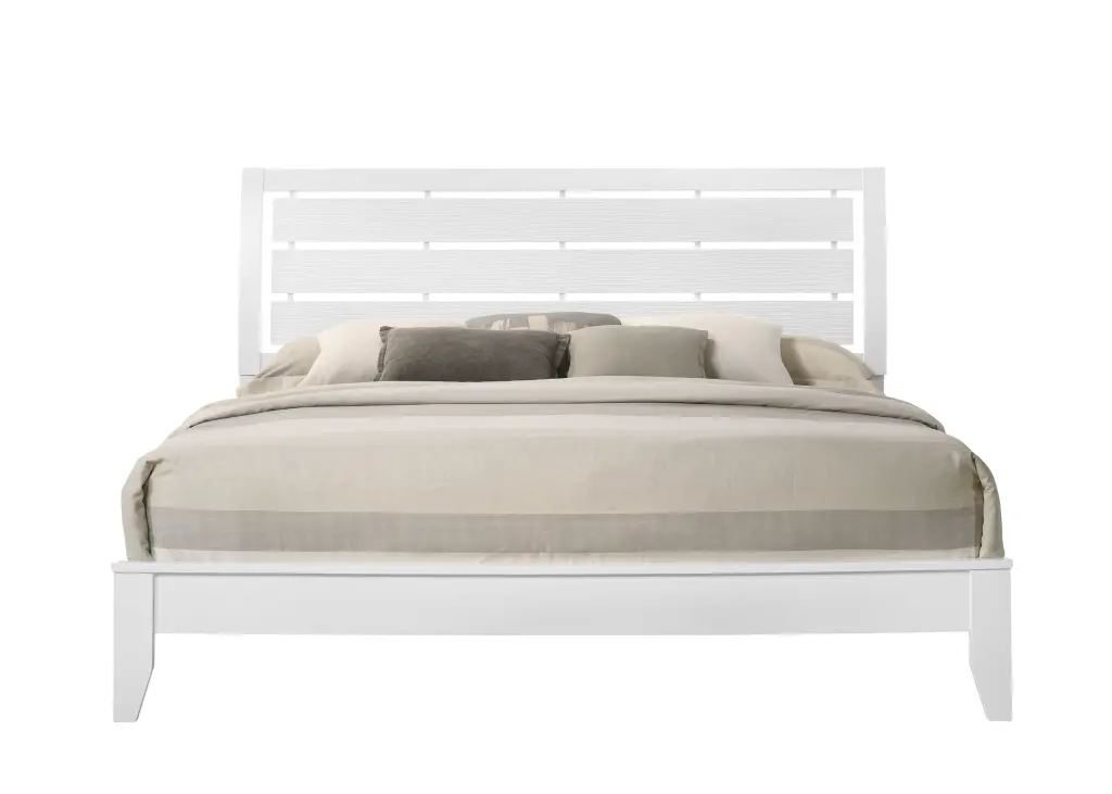 King Panel Bed White Finish Geometric Design Frame Softly Curved kanepe