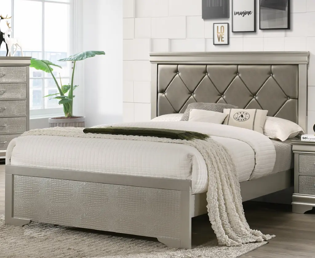 Modern 1Pc Beige Champagne Finish Queen Dimensions Panel Bed Wooden Crocodile kanepe