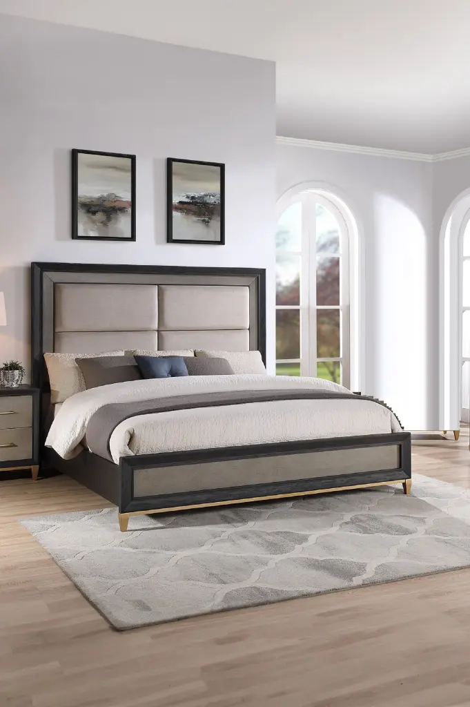 Queen Panel Bed Upholstered Headboard Black Brown Finish Gold Accents kanepe