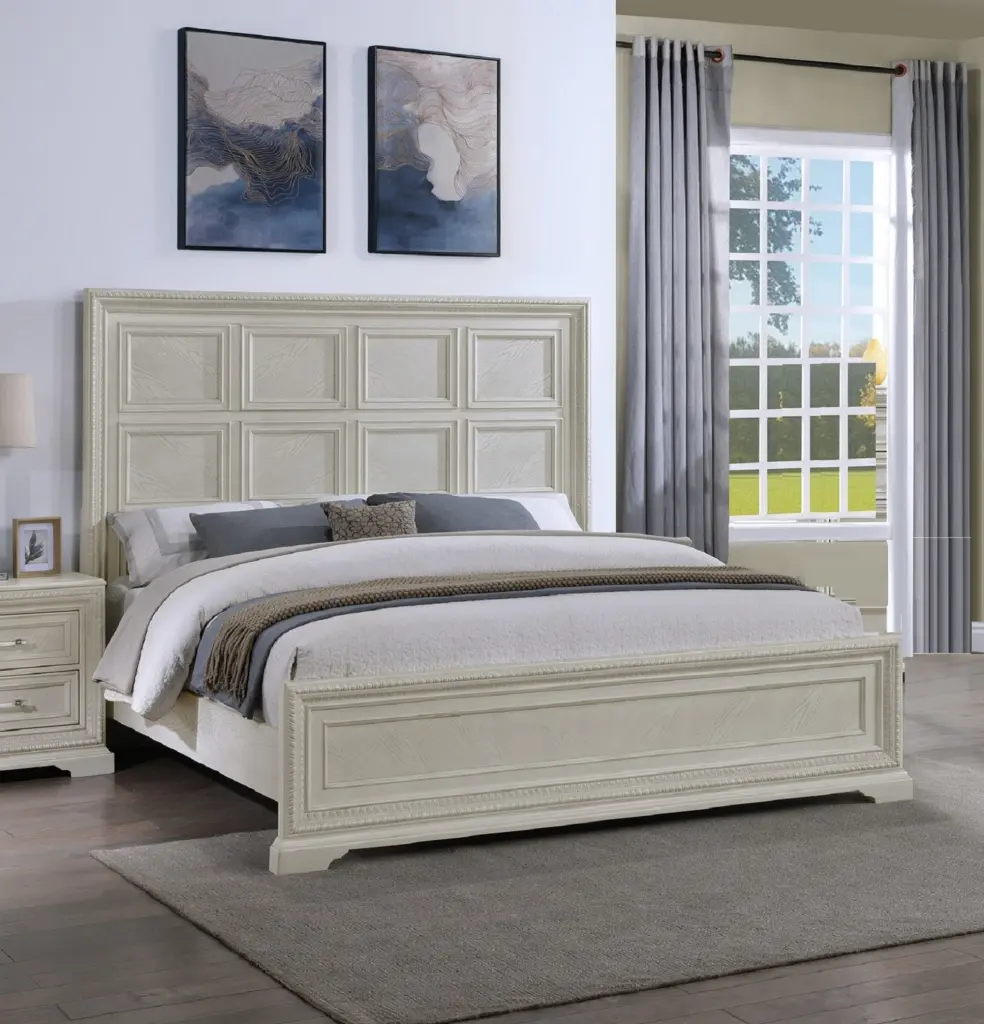 Transitional Queen Panel Bed Modern Aesthetics White Cream Solid Wood kanepe