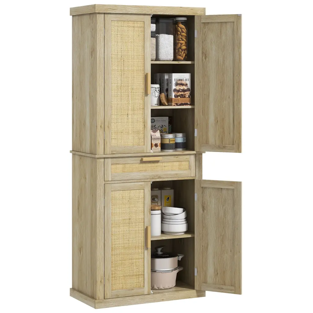 Homcom 72 Tall Pantry Cabinet Rattan Decorated Panel Freestanding Kitchen Storage aosom business