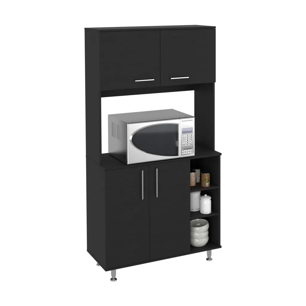 Kitchen Pantry Double Door Cabinet Four Legs Three Shelves Black depot e-shop