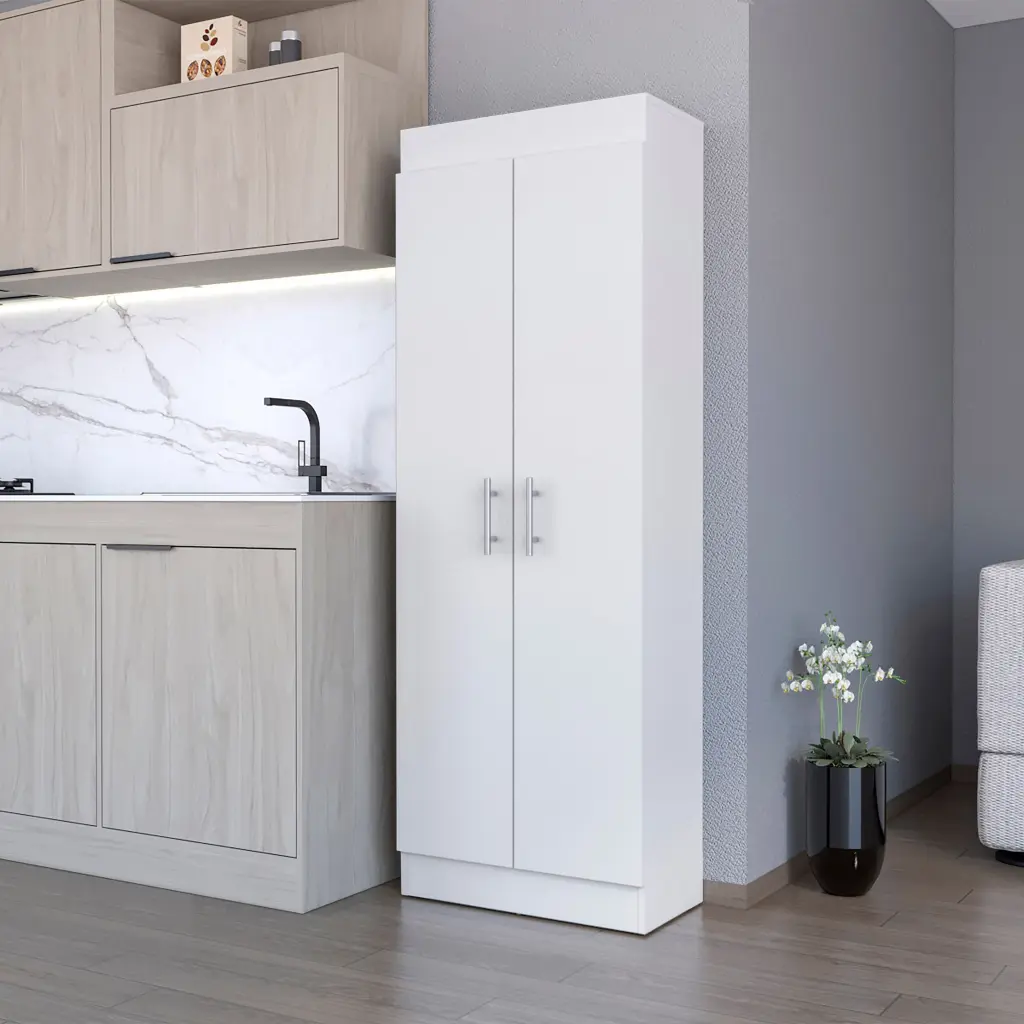 Dawson Pantry Cabinet Polished 5 Shelf Storage White Kitchen fm furniture