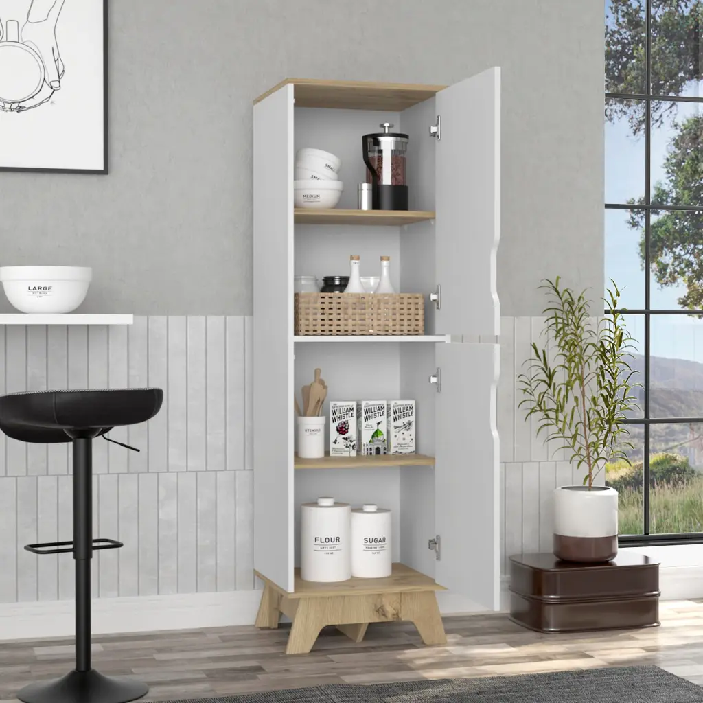 Rutherford 2 Door Pantry Cabinet Light Oak and White Particle Board Storage furniture max
