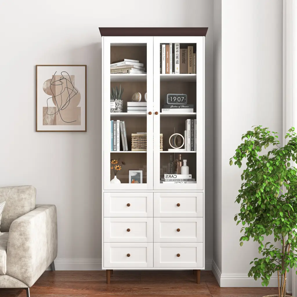 White MDF Presentation Storage Cabinet, Tall Kitchen Pantry Glass Doors newmark