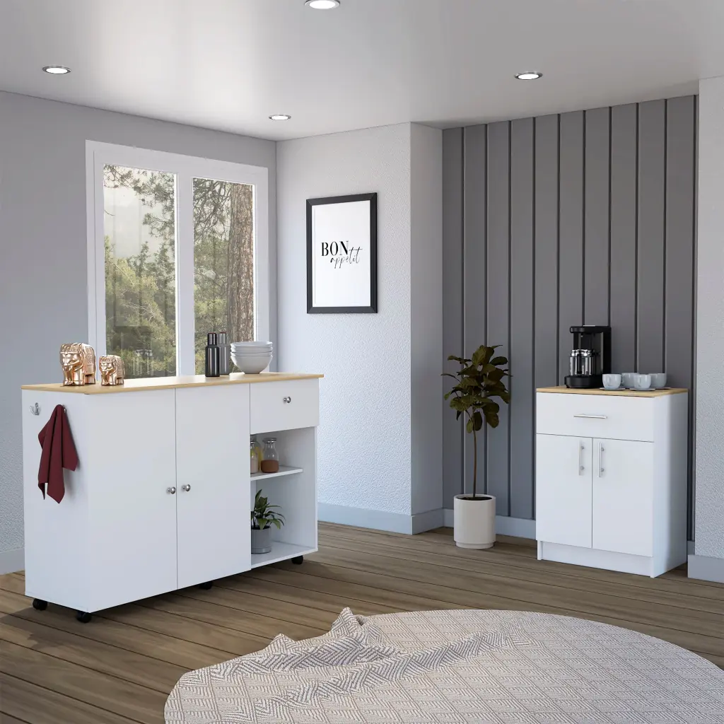 2 Piece Kitchen Set Kitchen Island Shopping-basket Pantry Cabinet White Light Oak Finish rta mubles colombia