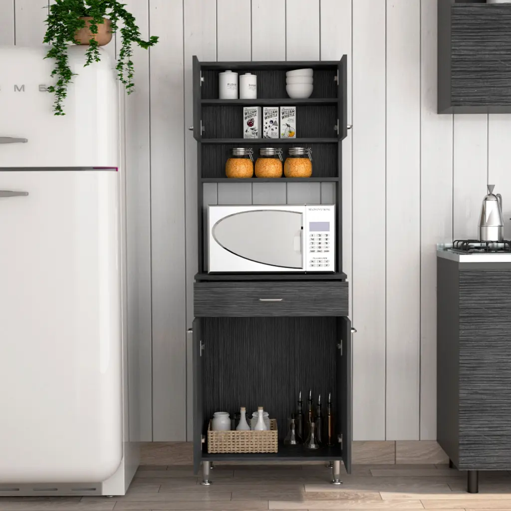 Pantry Piacenza Two Double Door Cabinet Smokey Oak Finish Gray Particle Board treevol furniture