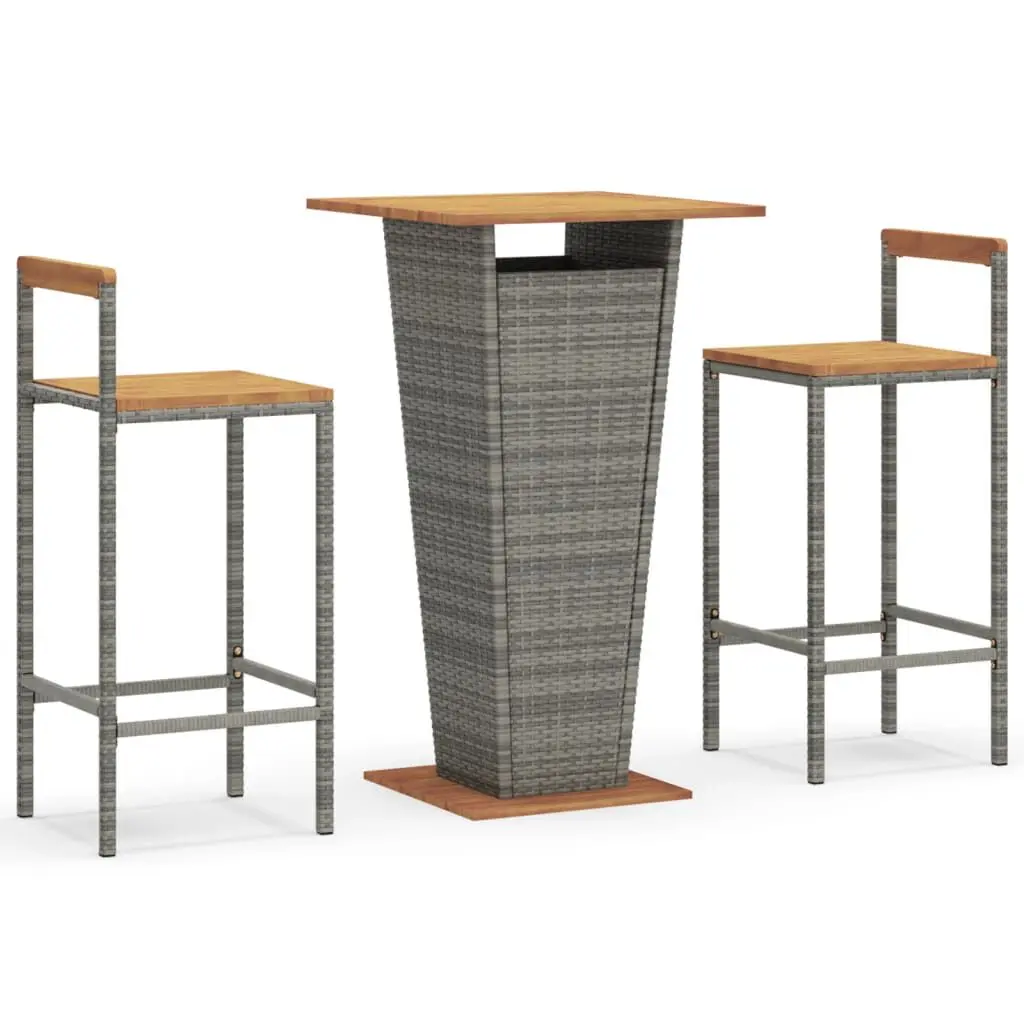 3 Piece Patio Bar Set Gray Poly Rattan and Solid Wood Acacia Outdoor Furniture