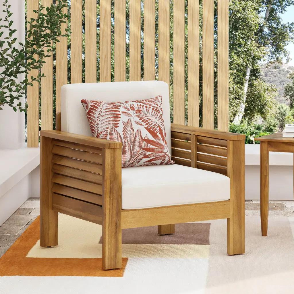 Outdoor Acacia Timber Club Chairs Cushions Teak Beige Finish 27.75 Inches Deep nh-onfind