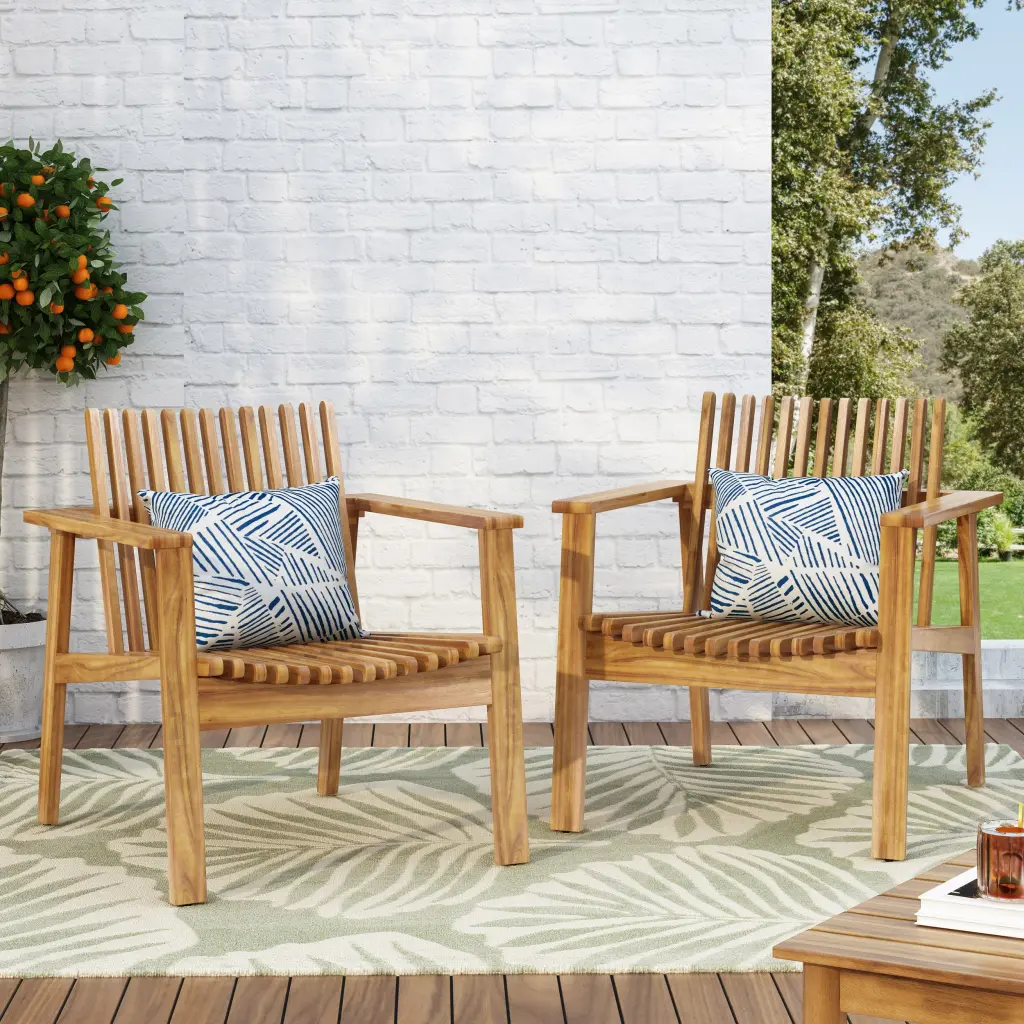 Outdoor Acacia Timber Slatted Club Chairs Set 2 Teak Finish nh-onfind