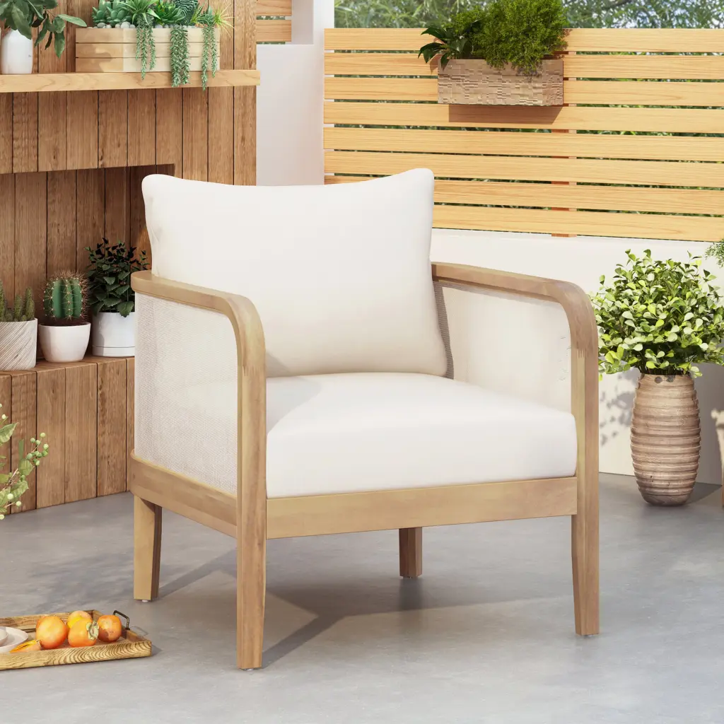 Outdoor Acacia Wood Patio Club Chair Textilene Waterproof Home Decor nh-onfind