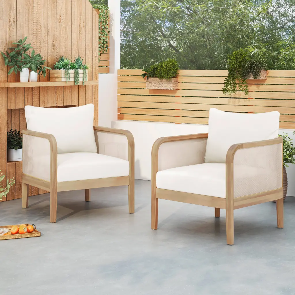 Set 2 Outdoor Acacia Wood Patio Club Chairs Textilene nh-onfind