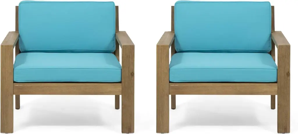 Outdoor Acacia Wood Club Chairs Cushions Set 2 Brown Teal Wood nh-sunfay