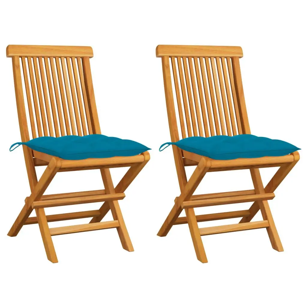 Patio Chairs Light Blue Cushions 2 pcs Solid Teak Wood Outdoor Chairs