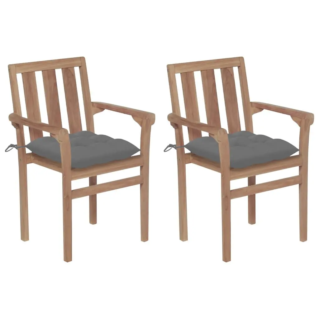 Patio Chairs 2 Pieces Gray Cushions Solid Teak Wood Outdoor Furniture