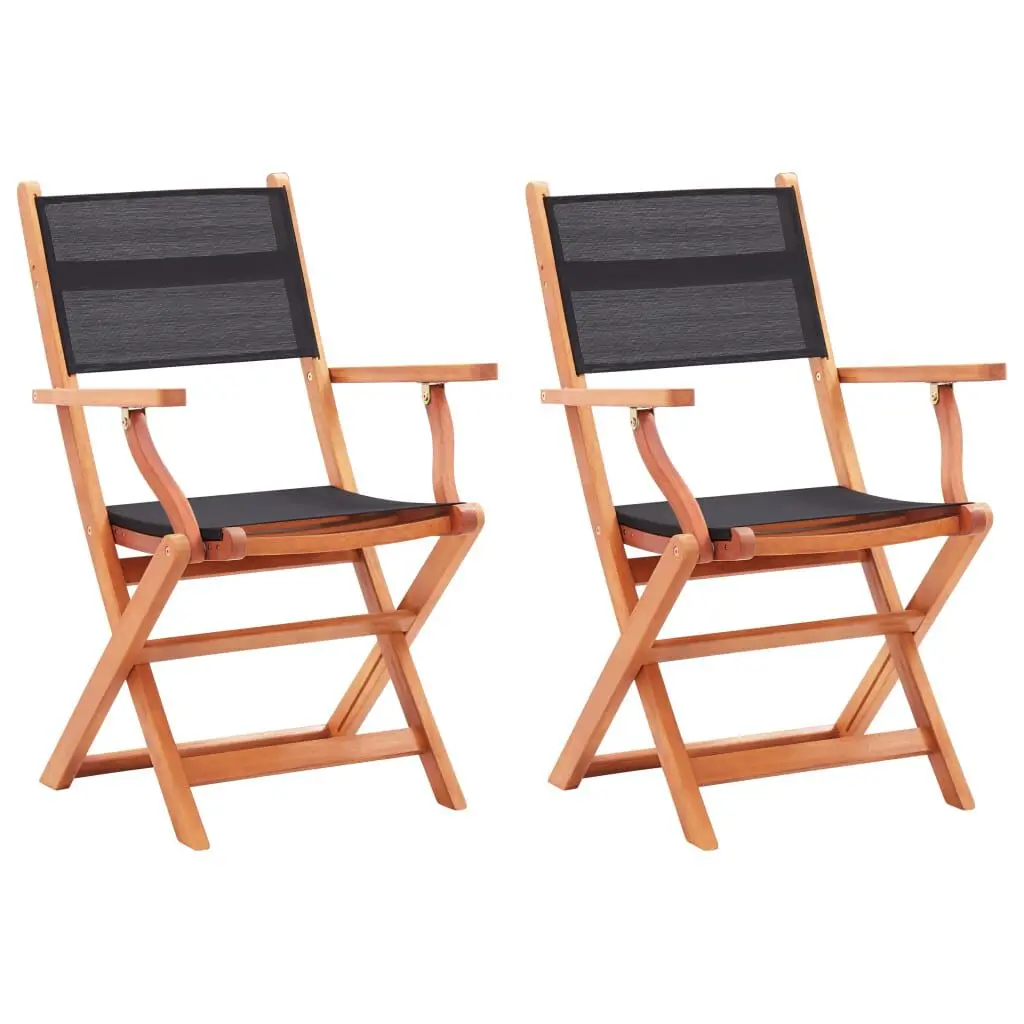 2 Piece Folding Patio Chairs Black Solid Wood Eucalyptus Textilene