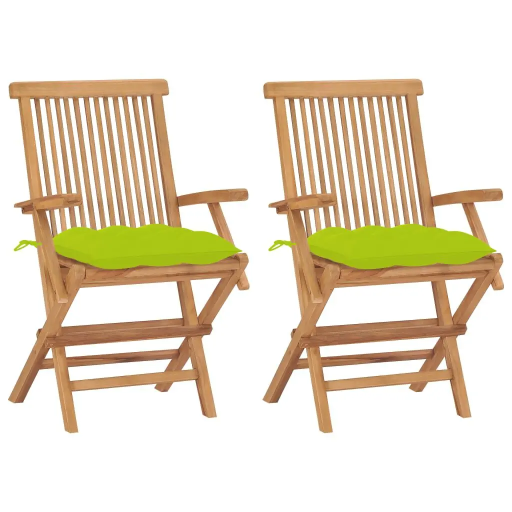 2 Piece Solid Teak Wood Patio Chairs Bright Green Cushions