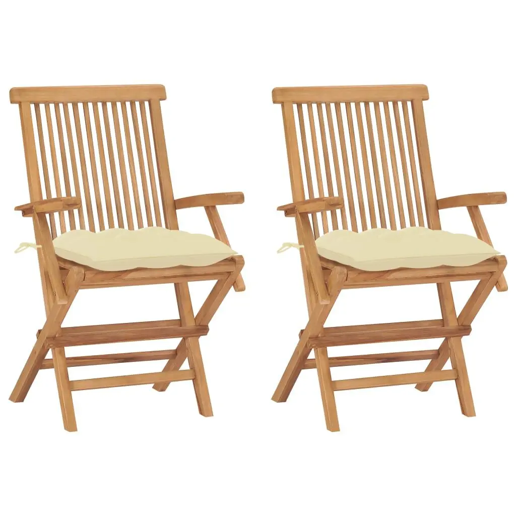 2 Piece Solid Teak Wood Patio Chairs Cream White Cushions