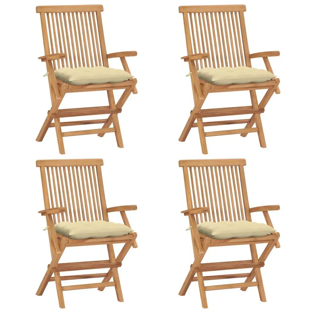 4 Piece Solid Teak Wood Patio Chairs Cream White Cushions