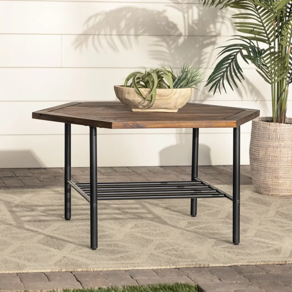 Walker Edison Modern Acacia Wood Hexagon Outdoor Patio Coffee Table Dark Brown