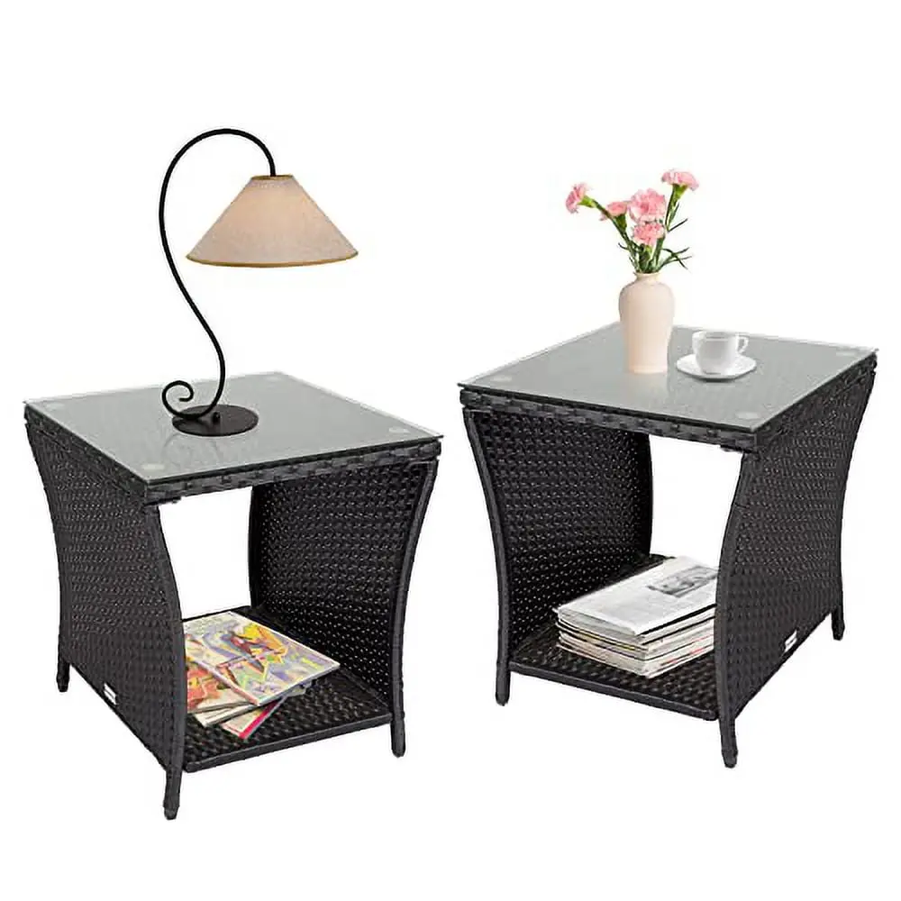 J-SUN-7 Patio PE Rattan Side Table Set 2 Outdoor Coffee Table End Table Glass Top and Steel Frame YiTaoChi