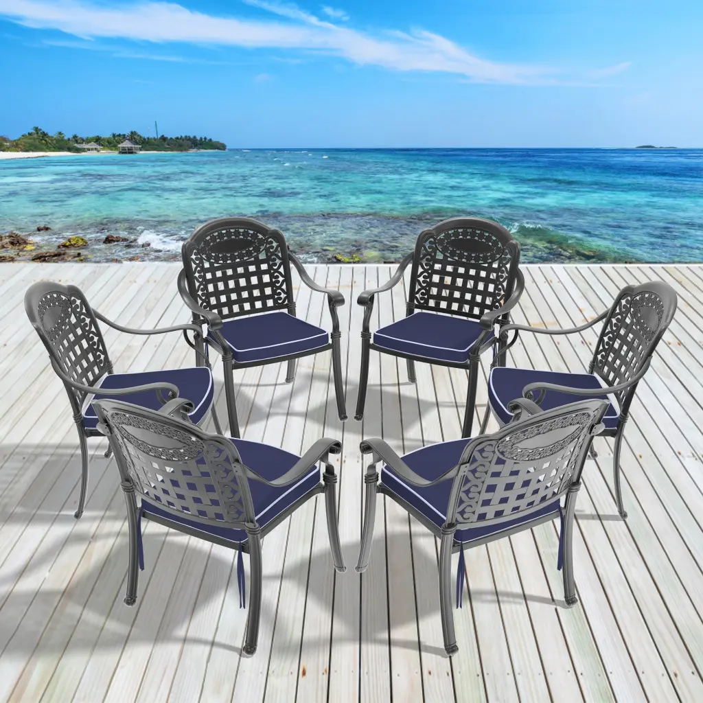 Cast Light Metal Patio Dining Chair Set 6Pcs Black Frame and Cushions nicesure