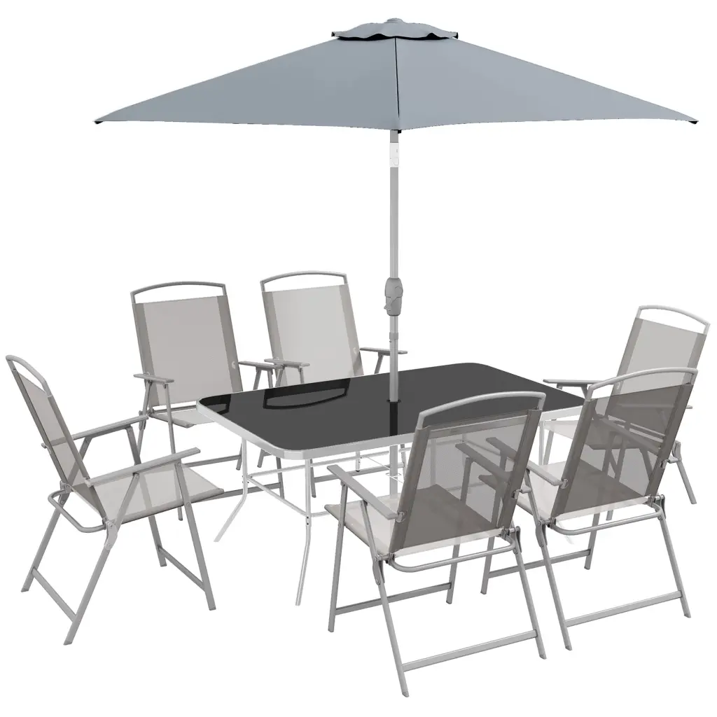 Outsunny 8 Piece Patio Dining Set Table Umbrella 6 Folding Chairs Outdoor Furniture aosom business