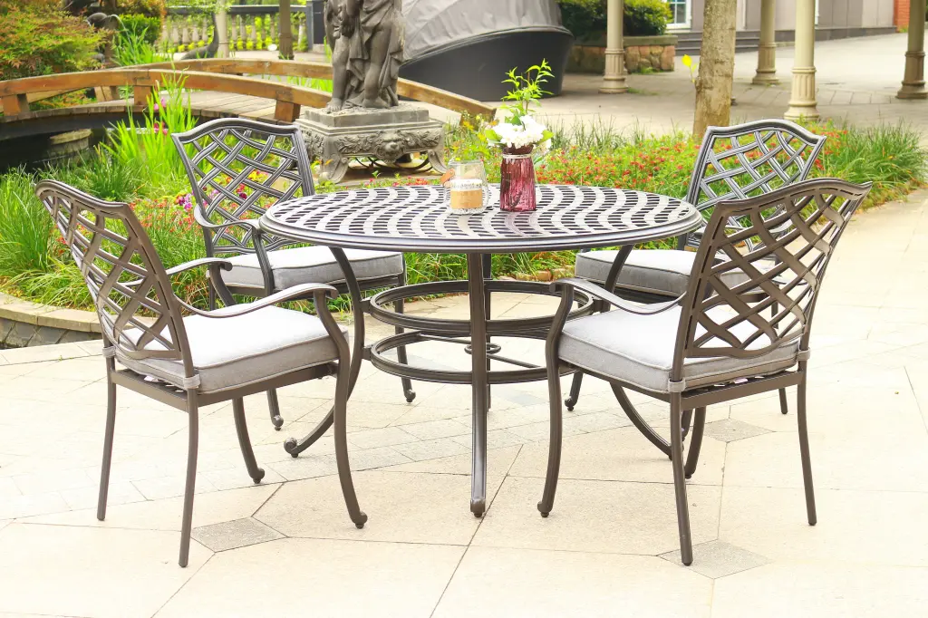 Round 4 Person 49 Inch Long Light Metal Dining Set Sunbrella Cushions gathercraft