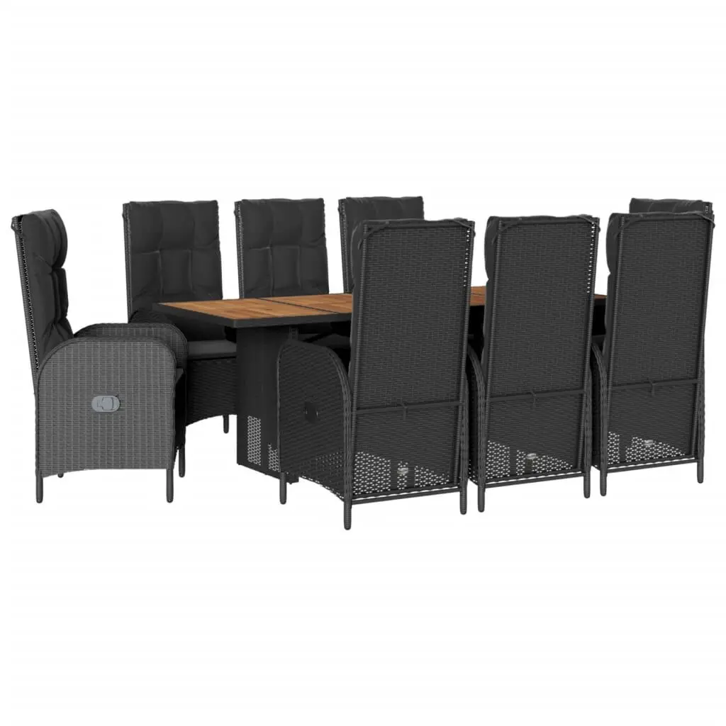 9 Piece Black Poly Rattan Patio Dining Set Cushions