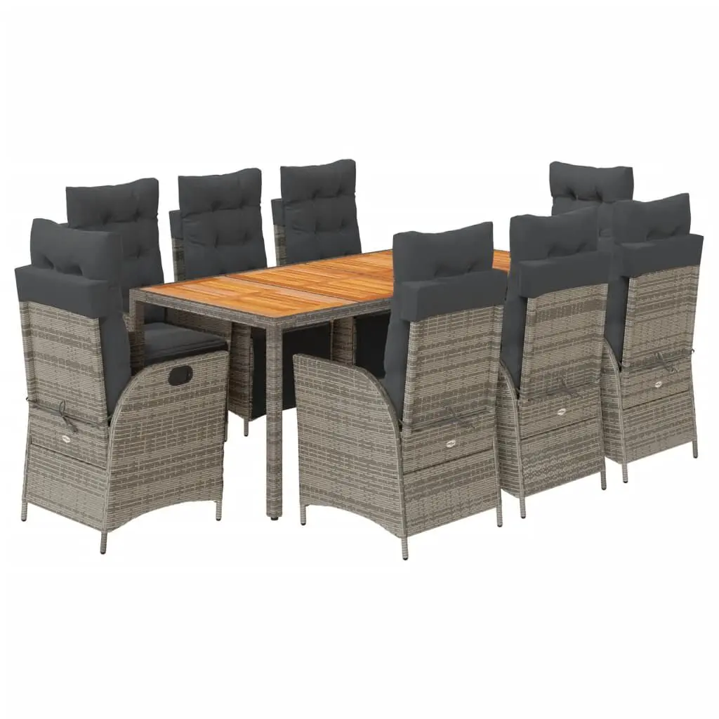 9 Piece Gray Poly Rattan Patio Dining Set Cushions